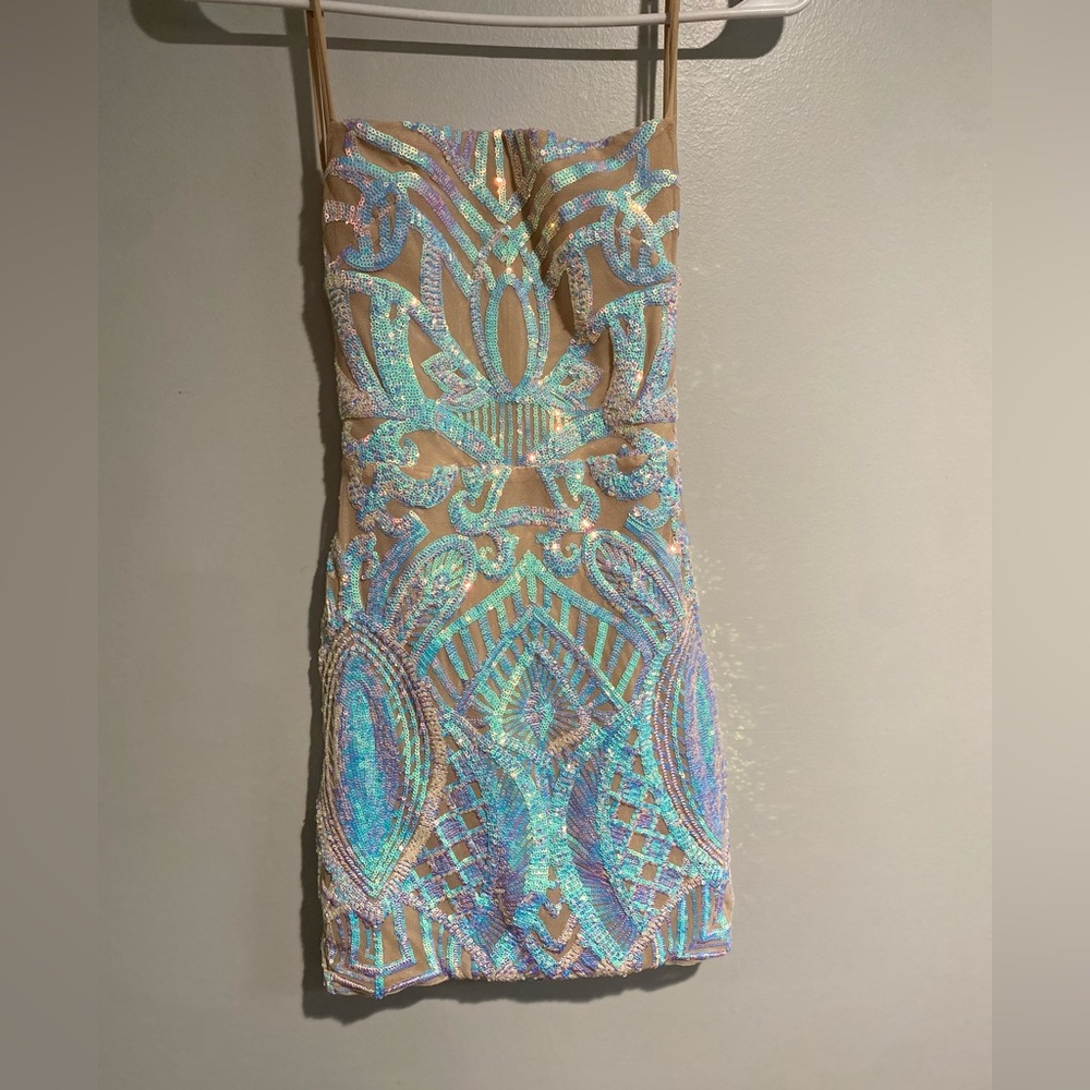 Lucy In The Sky - Starstruck Strappy Dress in Nude Iridescent